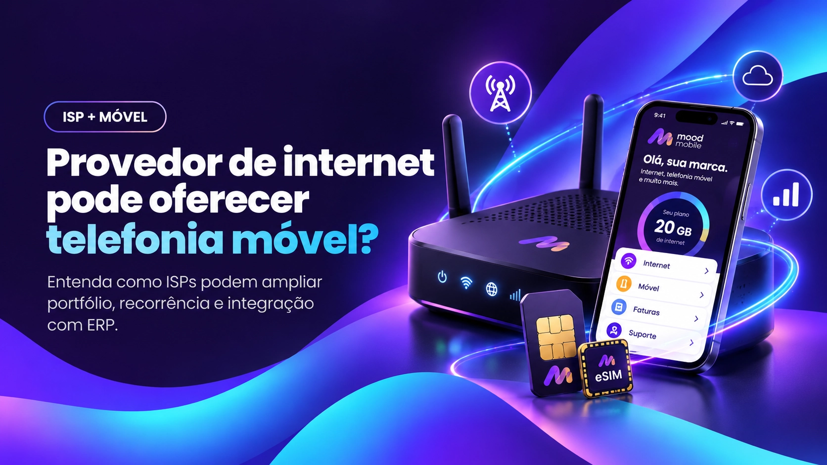 Capa do artigo sobre provedor de internet e telefonia móvel: roteador, celular com aplicativo Mood, SIM card e eSIM.